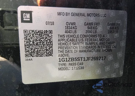 2018 Chevrolet Malibu 1Ls z USA, uszkodzony, nr VIN 1G1ZB5ST1JF269217